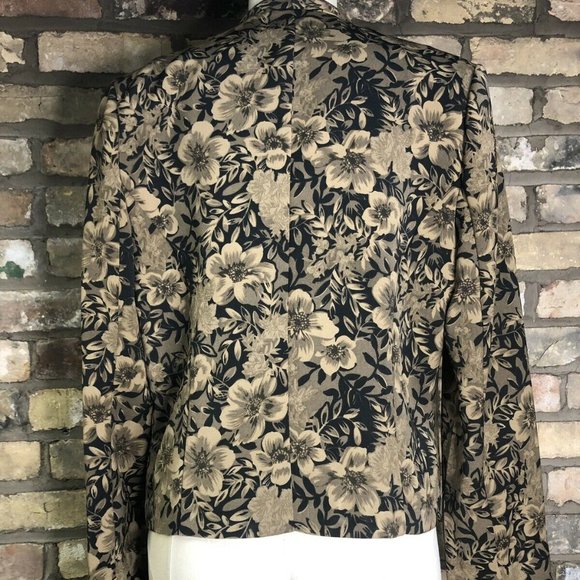 Vtg Boho Floral Blazer Black Brown Tan Women's Collarless Shoulder Pads - Picture 2 of 8